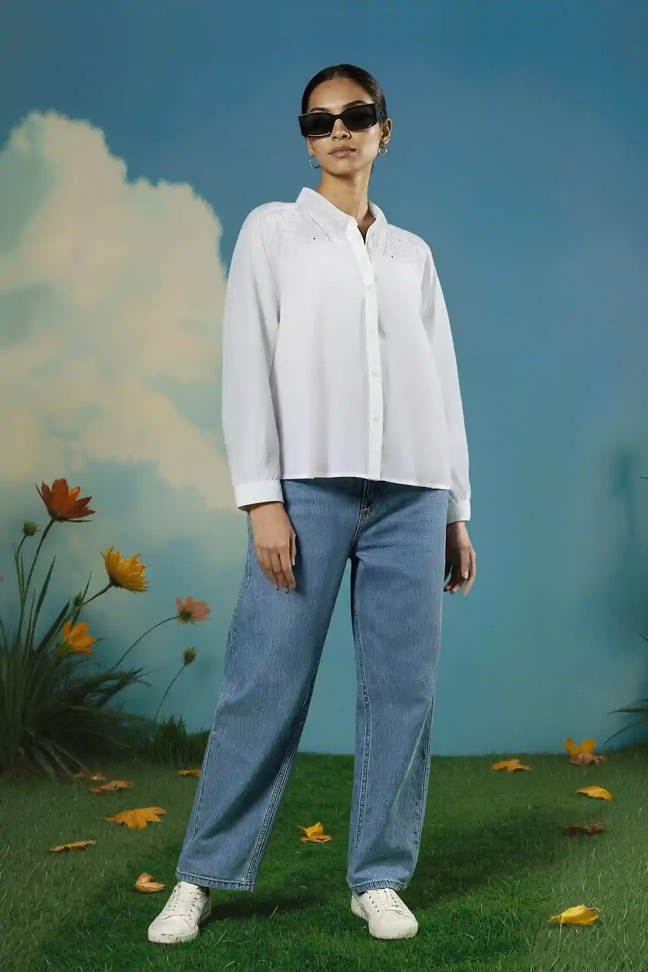 Okhai 'White Harmony' Pure Cotton Applique Work Hand Embroidered Mirror Work Shirt