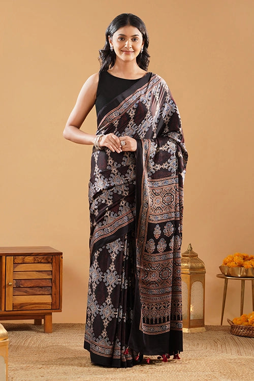 TENAARO  Medallion Black Ajrakh Hand Block Printed Modal Silk Saree