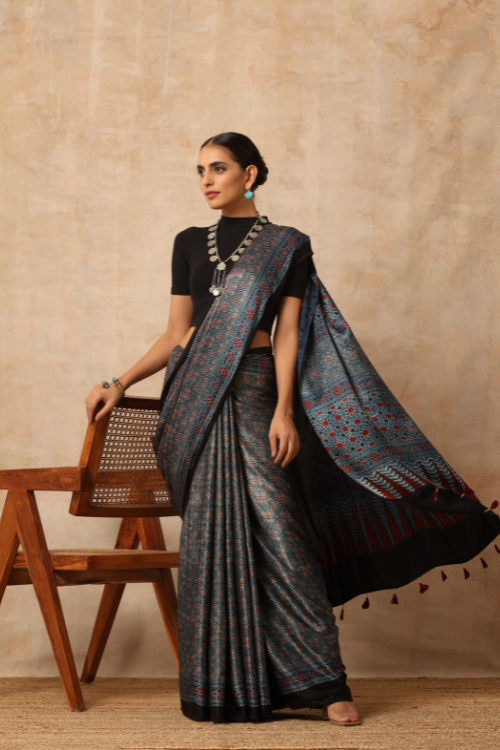 Tenaaro Ajrakh Hand Block Printed  Modal Sik Saree (Indigo Blue-13)