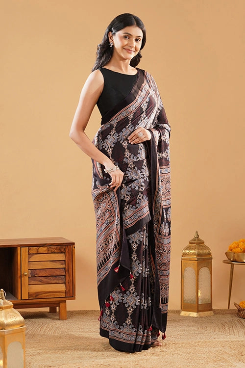 TENAARO  Medallion Black Ajrakh Hand Block Printed Modal Silk Saree