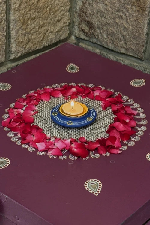 Antarang: Terracotta- Handpainted - Set Of Blue Rhythm Disc Diyas & Long Diya