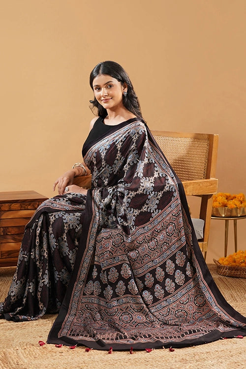 TENAARO  Medallion Black Ajrakh Hand Block Printed Modal Silk Saree