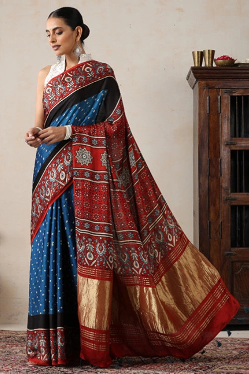 Jahangir Khatri - Red & Sky Blue Ajrakh & Bandhani Modal Tissue Pallu Saree