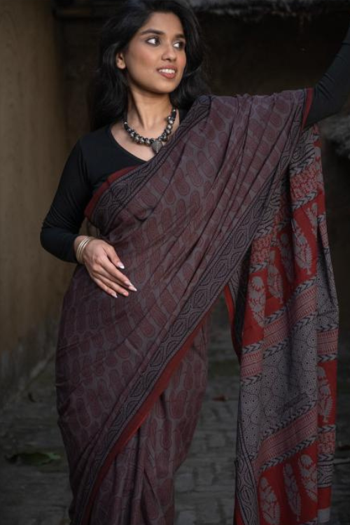 Exclusive Bagh Hand Block Printed Cotton Saree - Grey Paisleys