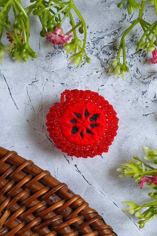 Antarang- Red Bead Jumki Ring,  100% Cotton. Valentine Special. Hand Made By Divyang Rural Women.