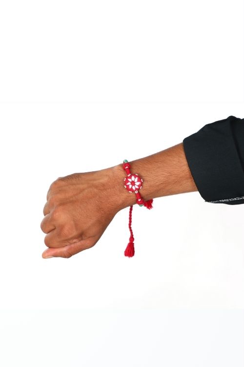 Antarang- Patwa Mirror Work, 100% Cotton, Bhai Rakhi Set. Marron-Green. Made By Divyang Rural Women.