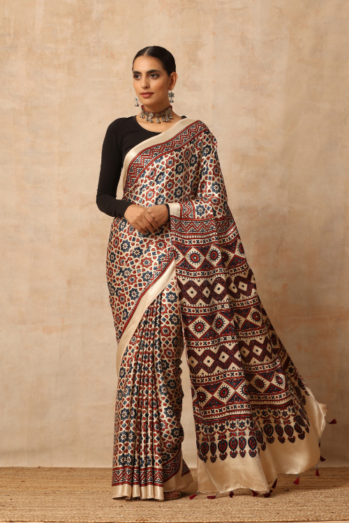 Tenaaro Ajrakh Hand Block Printed  Modal Sik Saree (Offwhite-16)