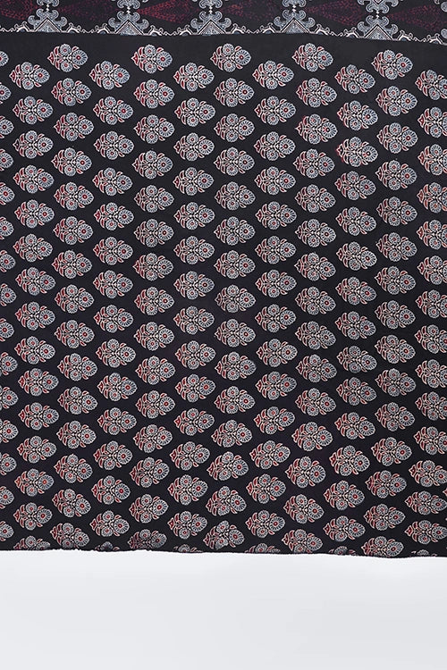 TENAARO  Medallion Black Ajrakh Hand Block Printed Modal Silk Saree