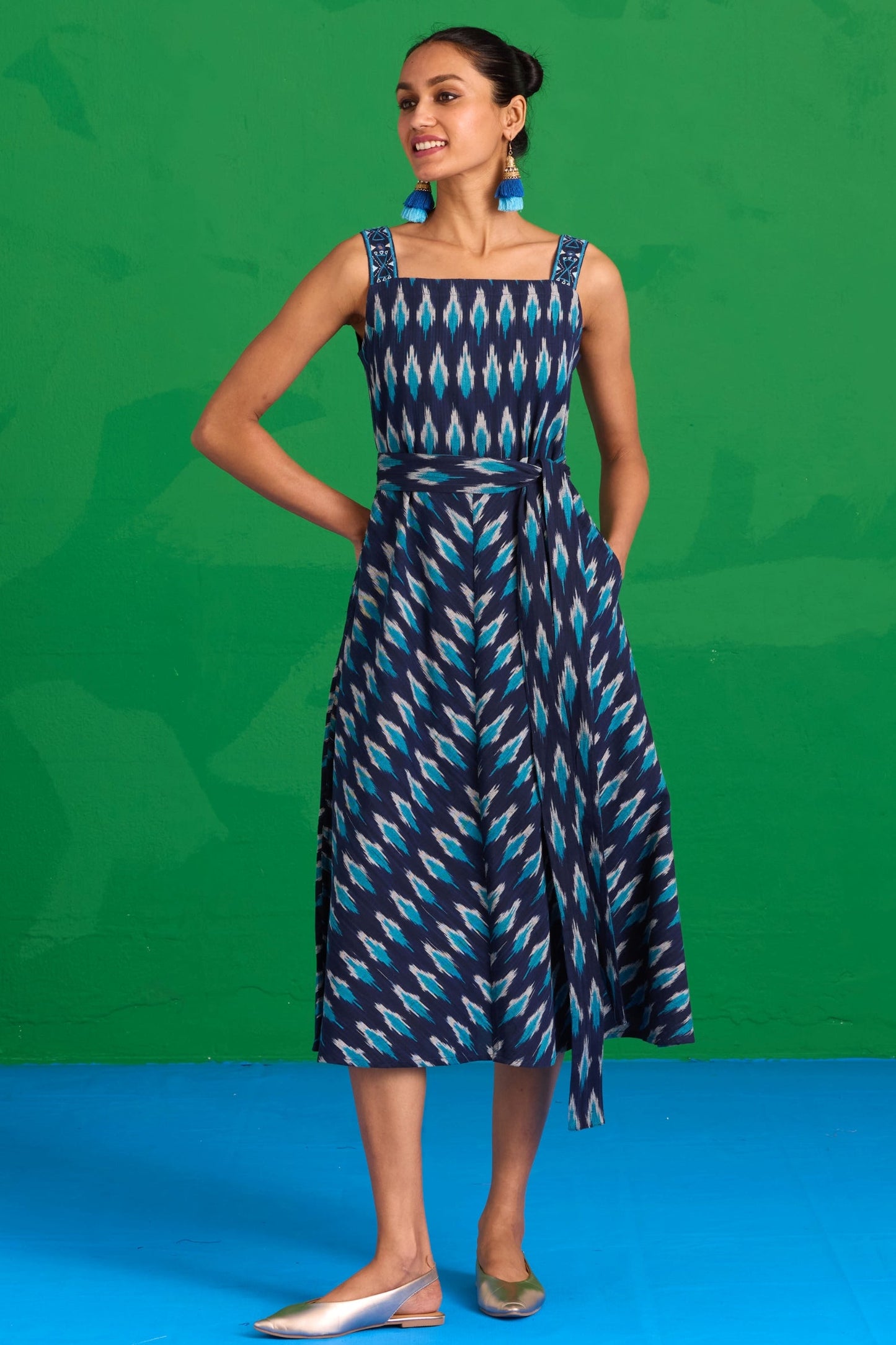 Okhai “Lagunia” Hand-Embroidered Ikkat Pure Cotton Sleeveless Dress