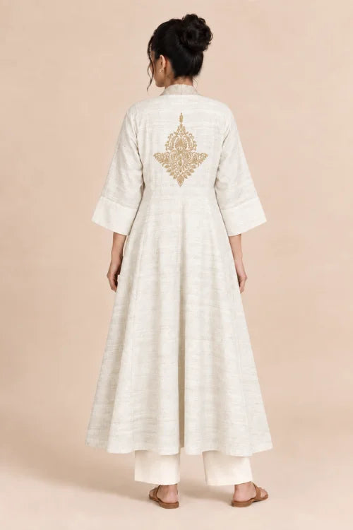 Moralfibre Ecru  Erisilk Open Overlay With Intricate Zardosi  Butta  At Back  From "Shapes Collection"