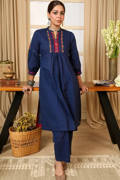 Rangsutra Kaanch Blue A-Line Cotton Kurta With Pacca Hand Embroidery