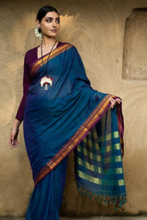 Traditional Elegance. Fine Ilkal Cotton Saree - Deep Blue & Purple