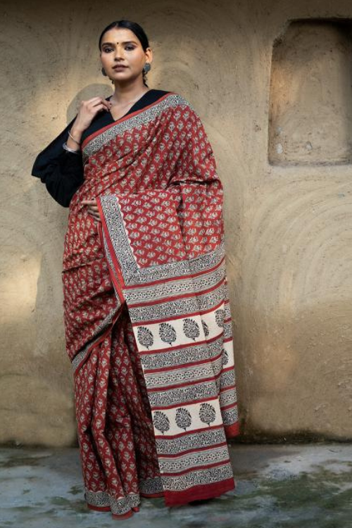 TICH Classic Appeal. Bagru Hand Block Printed Mul Cotton Saree - Vibrant Flora