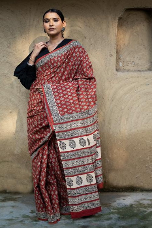 Classic Appeal. Bagru Hand Block Printed Mul Cotton Saree - Vibrant Flora