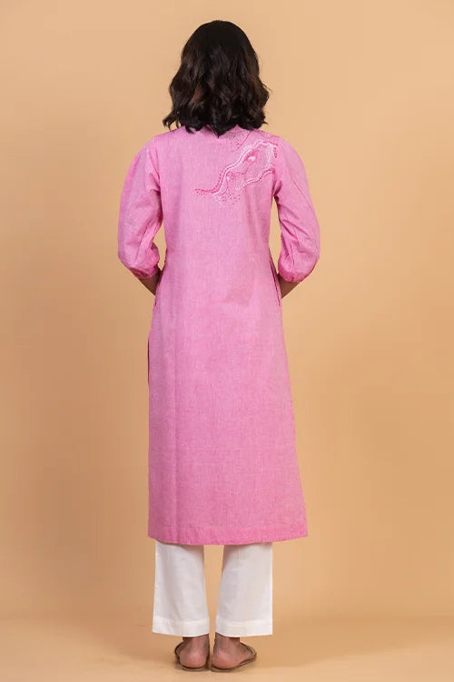 Okhai 'Hibiscus' Hand Embroidered Pure Cotton Kurta
