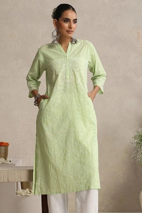 Shwet Hand Embroidered Chikankari Cotton Green Pintex Kurta