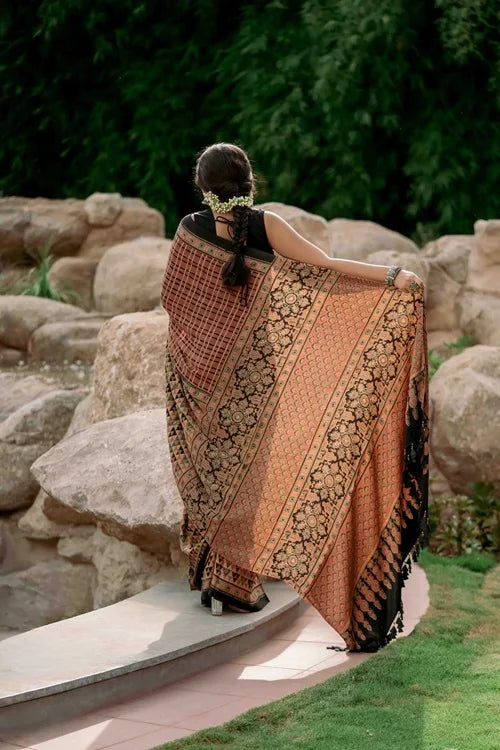 Craftroots Ajrakh All Over Floral Modal Saree With Tassels