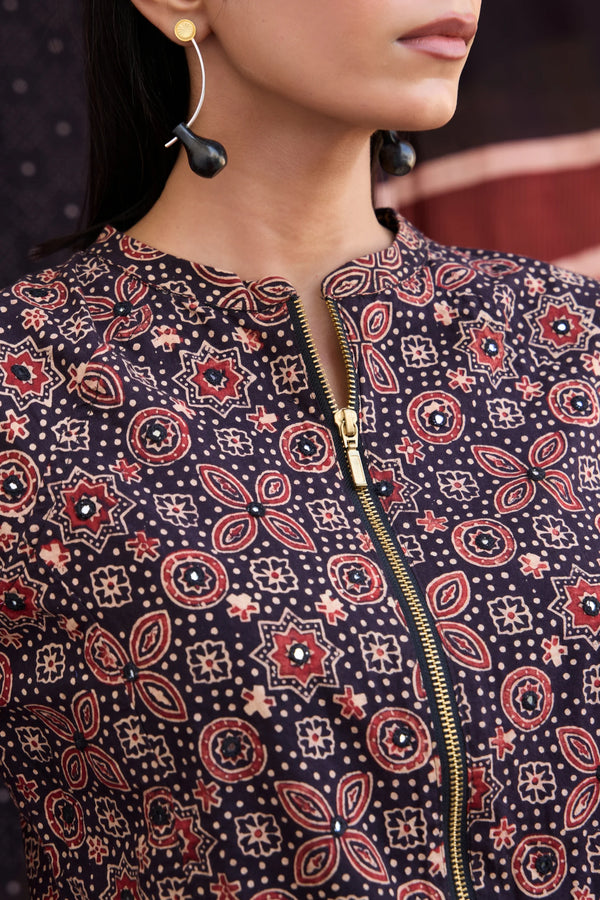 Okhai 'Raisin' Pure Cotton Ajrakh Handblock Printed Bomber Jacket