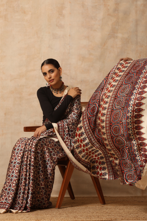 Tenaaro Ajrakh Hand Block Printed  Modal Sik Saree  (Offwhite-17)