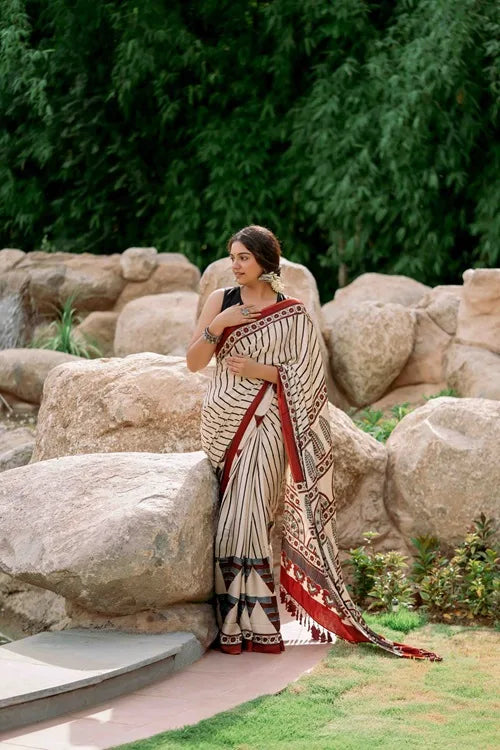 Craftroots Ajrakh Modal Silk Red and White Saree