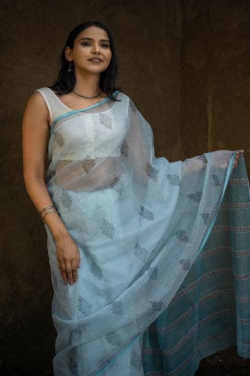 Ocean Moods Sanganeri Hand Block Printed Kota Doria Saree Online