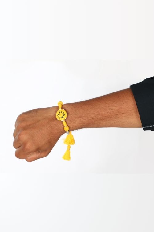 Antarang- Patwa Mirror Work, 100% Cotton, Bhai Rakhi Set. Light Pink-Yellow Made By Divyang Rural Women.
