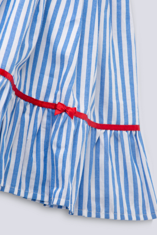 Soleilclo "Coastal Charm" Sleeveless Blue Striped Cotton Dress With Satin Belt And Bows