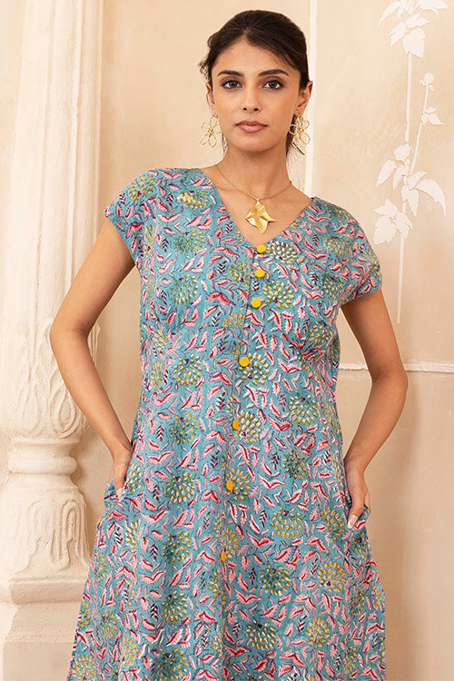 Shuddhi Hand Block printed Blue Dress