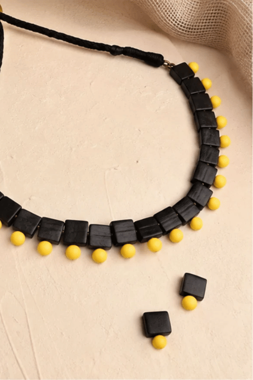 Mridah Yellow And Black 'Taal' Handmade Black Terracotta Choker Necklace Set