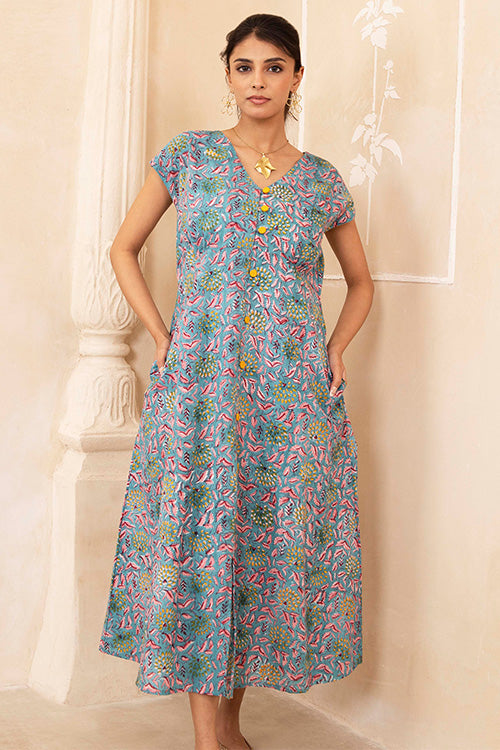 Shuddhi Hand Block printed Blue Dress