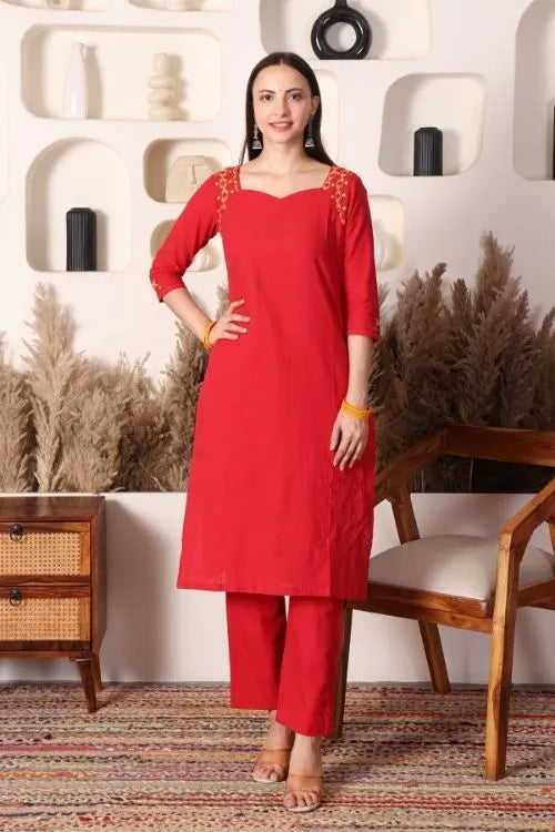 Urmul Soof Embroidery RANGU Red Kurta - Pant Set