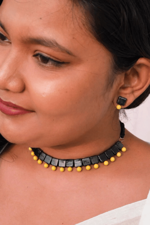 Mridah Yellow And Black 'Taal' Handmade Black Terracotta Choker Necklace Set