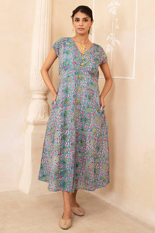 Shuddhi Hand Block printed Blue Dress