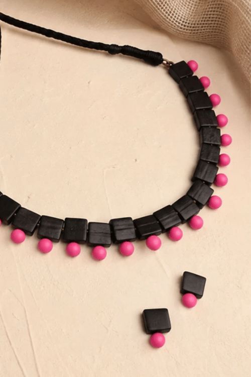 Mridah 'Taal' Handmade Black Terracotta Choker Necklace Set