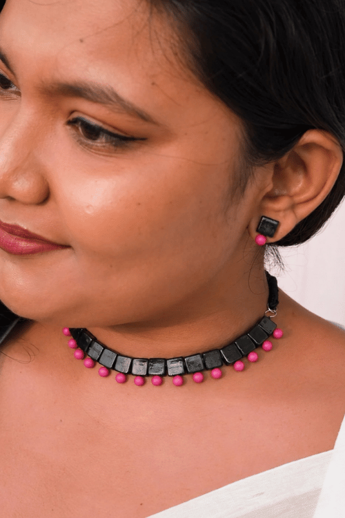 Mridah 'Taal' Handmade Black Terracotta Choker Necklace Set
