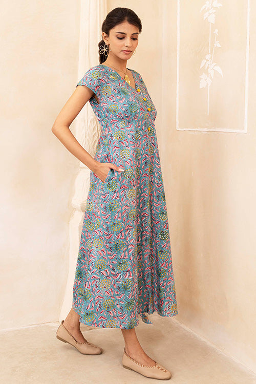 Shuddhi Hand Block printed Blue Dress