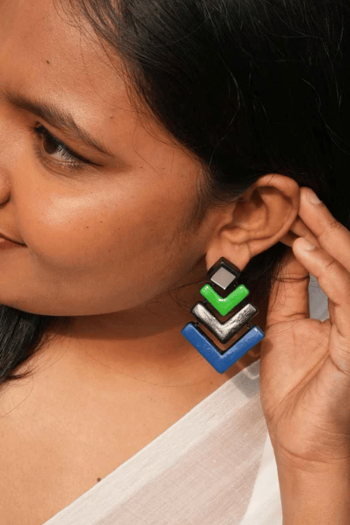 Mridah Handcrafted 'Nav-Rang' Mirror Work Terracotta Dangler Earrings