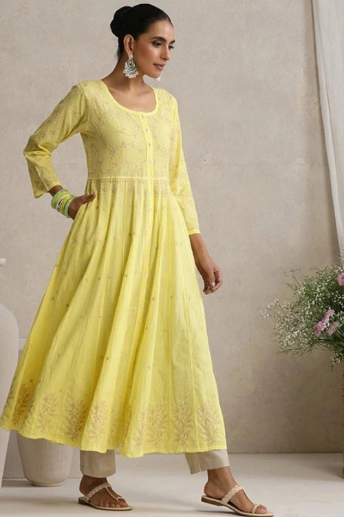 Shwet Hand Embroidered Chikankari Cotton Yellow Kali Kurta