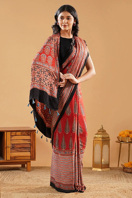 TENAARO  Leaflet Red Ajrakh Hand Block Printed Modal Silk Saree