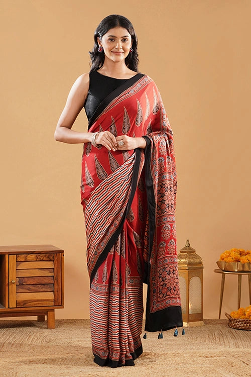 TENAARO  Leaflet Red Ajrakh Hand Block Printed Modal Silk Saree
