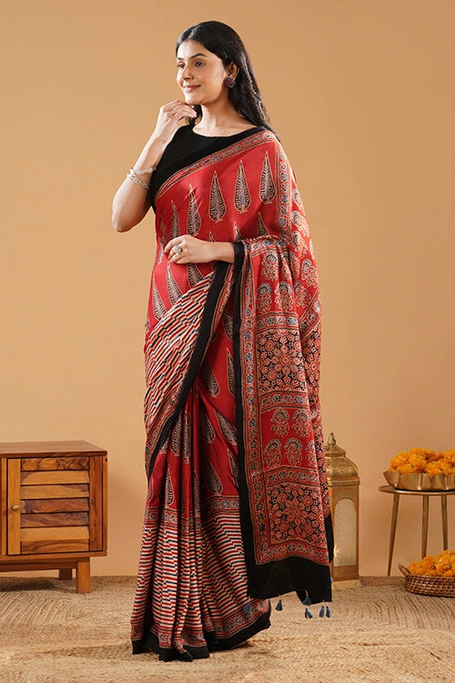 TENAARO  Leaflet Red Ajrakh Hand Block Printed Modal Silk Saree