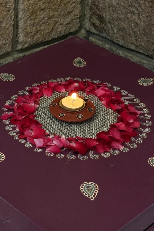 Antarang: Terracotta- Handpainted - Set Of Terracotta Disc Diyas & Long Diya
