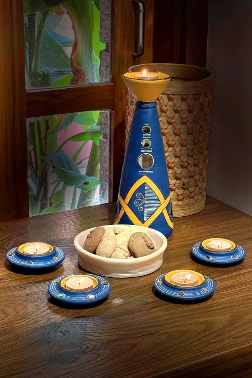 Antarang: Terracotta- Handpainted - Set Of Blue Rhythm Disc Diyas & Long Diya