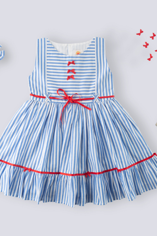 Soleilclo "Coastal Charm" Sleeveless Blue Striped Cotton Dress With Satin Belt And Bows