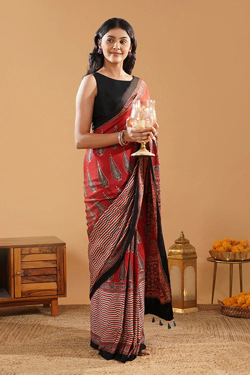TENAARO  Leaflet Red Ajrakh Hand Block Printed Modal Silk Saree