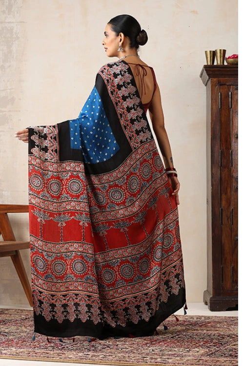 Jahangir Khatri - Red & Sky Blue Ajrakh & Bandhani Modal Saree
