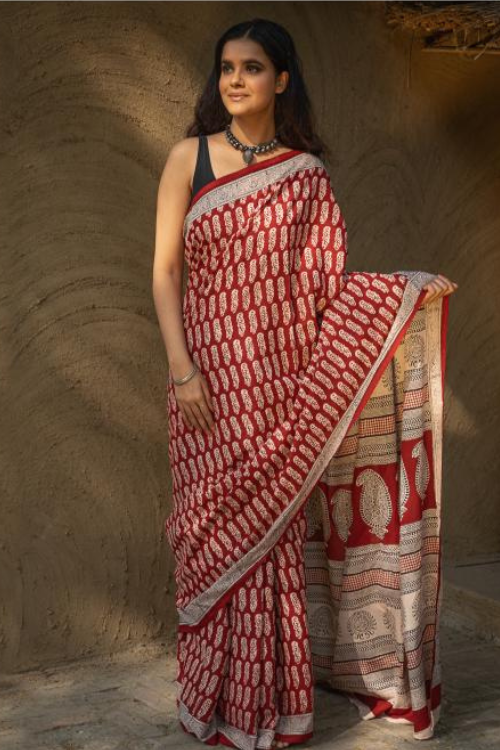 Exclusive Bagh Hand Block Printed Cotton Saree - Classic Flora