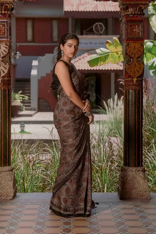 Craftroots Ajrakh Saree With Badla Work With Tassels