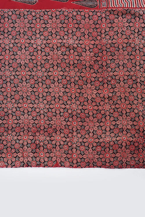 TENAARO  Leaflet Red Ajrakh Hand Block Printed Modal Silk Saree