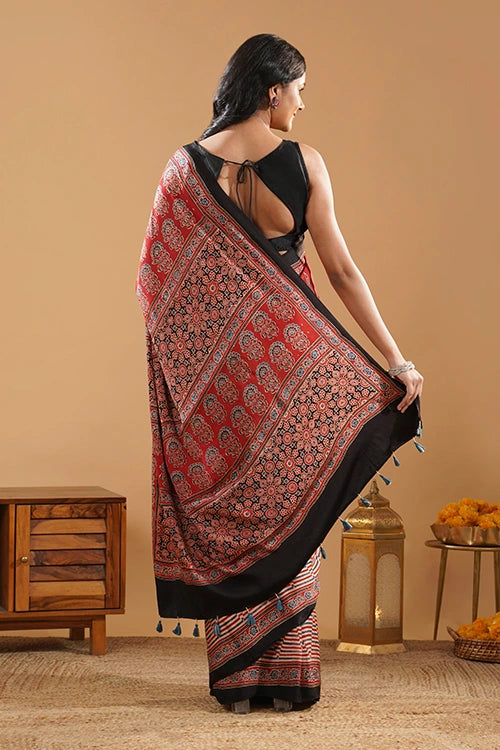 TENAARO  Leaflet Red Ajrakh Hand Block Printed Modal Silk Saree